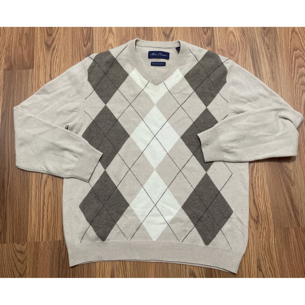 Alan Flusser Cashmere Sweater Mens Medium Argyle V Neck Beige